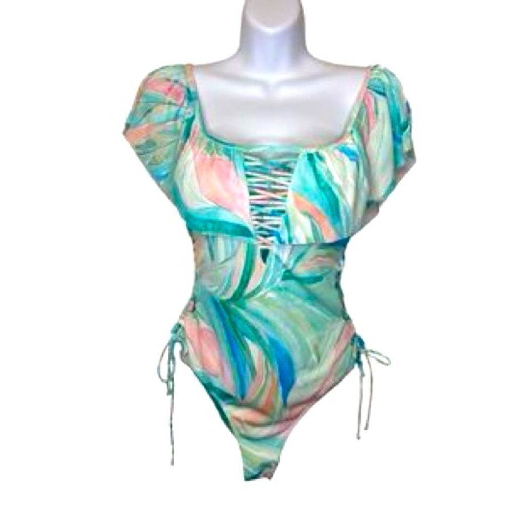 NWT TiniBikini Swimwear Tie-Dye Ribbed One-Piece Swimsuit Ruffles Lace Up Large